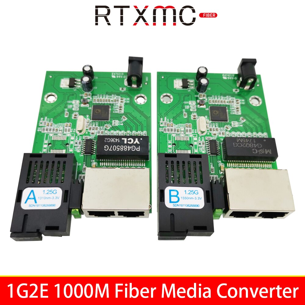 Convertisseur de média Fiber optique RJ45 PCBA, 2 pièces, 1 g2e 1.25G 2 ports Ethernet Gigabit 10/100/1000M 2 ports 1.25G