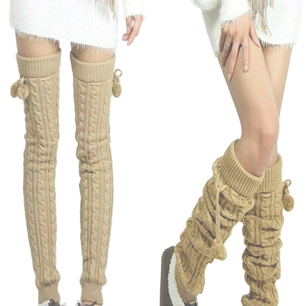 Beenwarmers dames overknee warme gebreide sokken lange laarsmanchetten beenwarmer met pluche bal gebreide beenwarmers japans