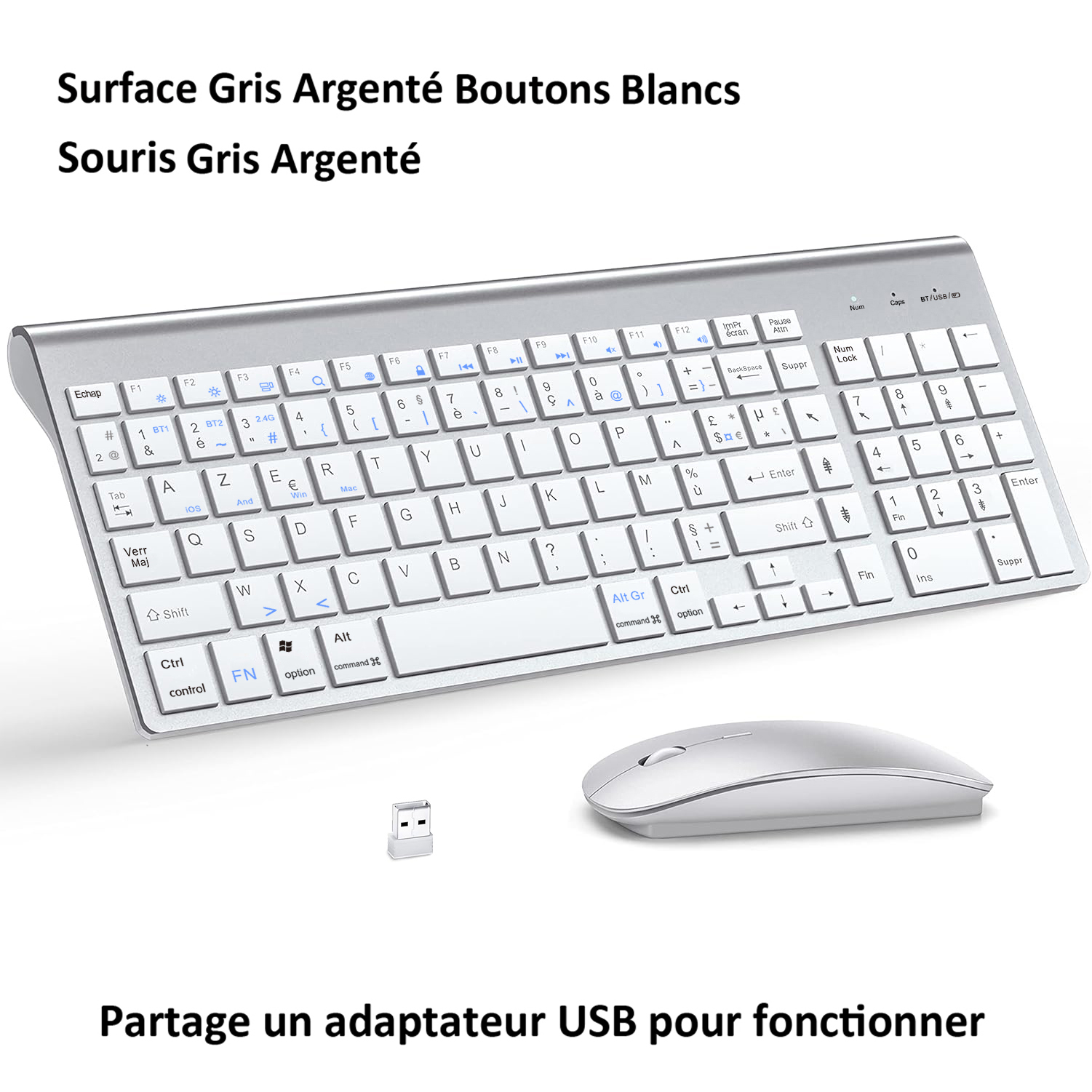 AZERTY Layout French Ultra Slim Dual Mode Three Channel Bluetooth Keyboard and Mouse Combo for PC Laptop Windows IOS Mac Android: Silver