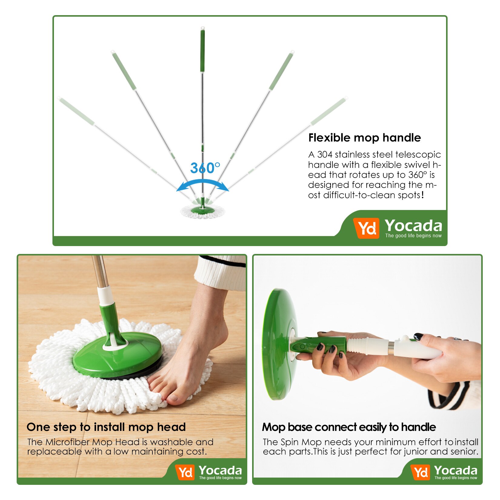 Boomjoy 360 Spin Verstelbare Vloer Mop Met Grote Emmer 2 Stuks Microfiber Pads Verlengde Handvat Voor Hardhout Schoonmaken