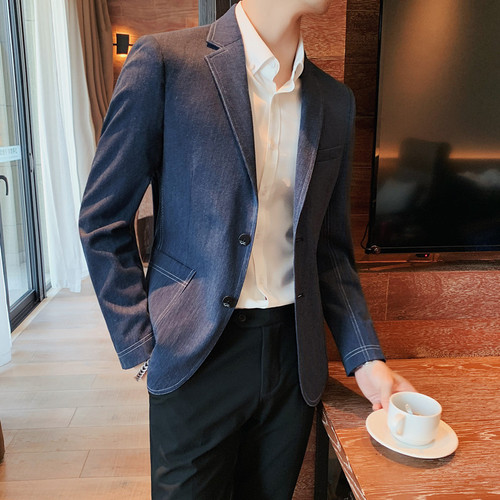 British Style Solid Color Men Blazers Slim Business Casual Suit Jacket Wedding Groom Dress Coat Male Street Wear Social Jacket: Dark Blue / L