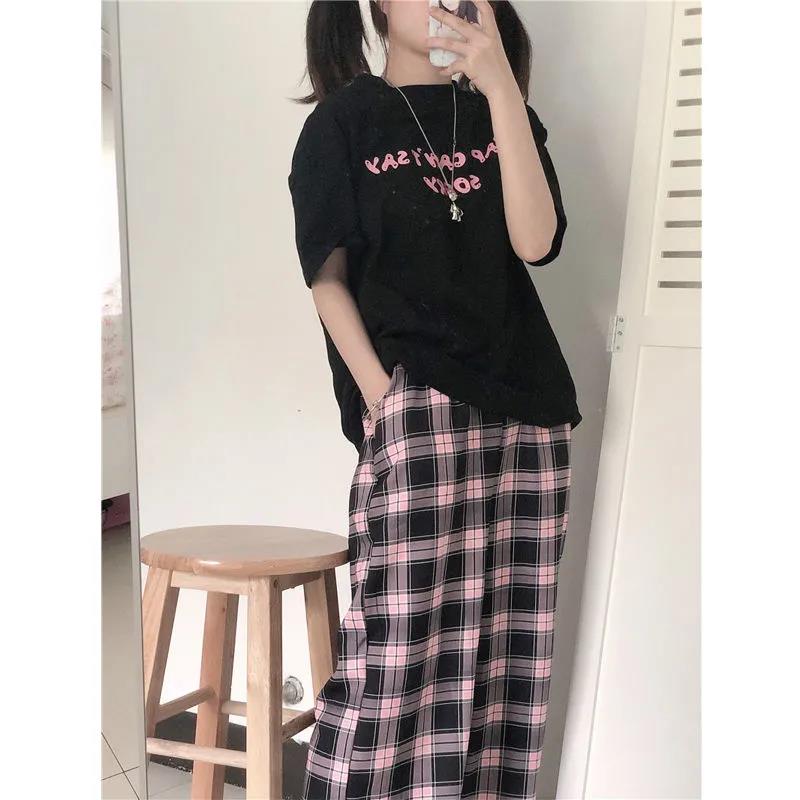 Pantalones a cuadros negros y rosas de gran tamaño para mujer, pantalón informal holgado de pierna ancha, Pantalones rectos Retro para adolescentes, ropa de calle de hip hop