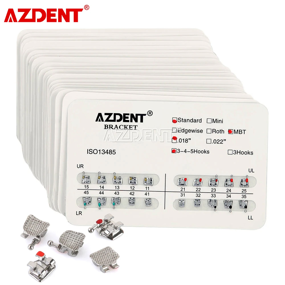 20 Packungen = 400 Stück AZDENT Zahnspangen Kieferorthopädische Klammer Metall Teilt Schweißen Standard Roth/MBT/hochkant 022/018 Haken 345