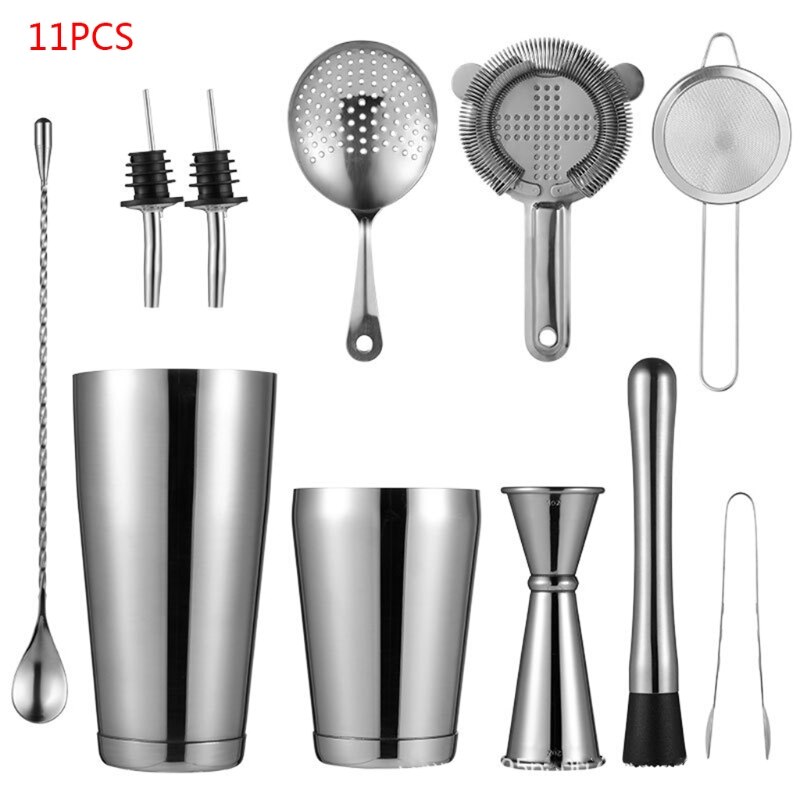 11pcs Stainless Steel Cocktail Shaker Bar Strainer Double Jigger Muddler Spoon M68E