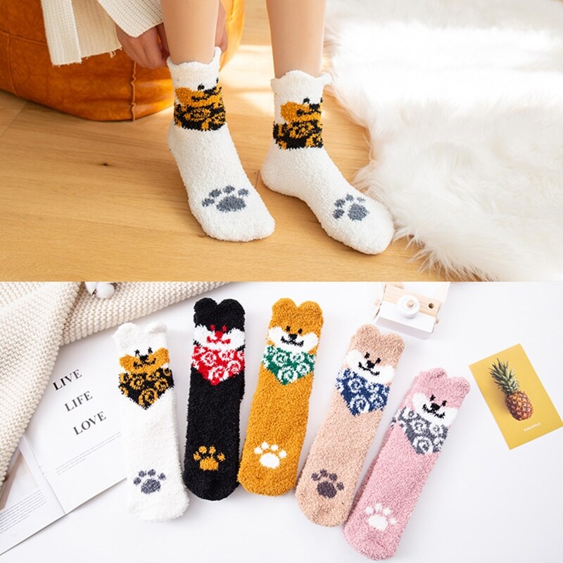 Femmes hiver microfibre floue pantoufle maison chaussettes mignon 3D oreilles chiot chien motif Kawaii épais confortable dormir bonneterie