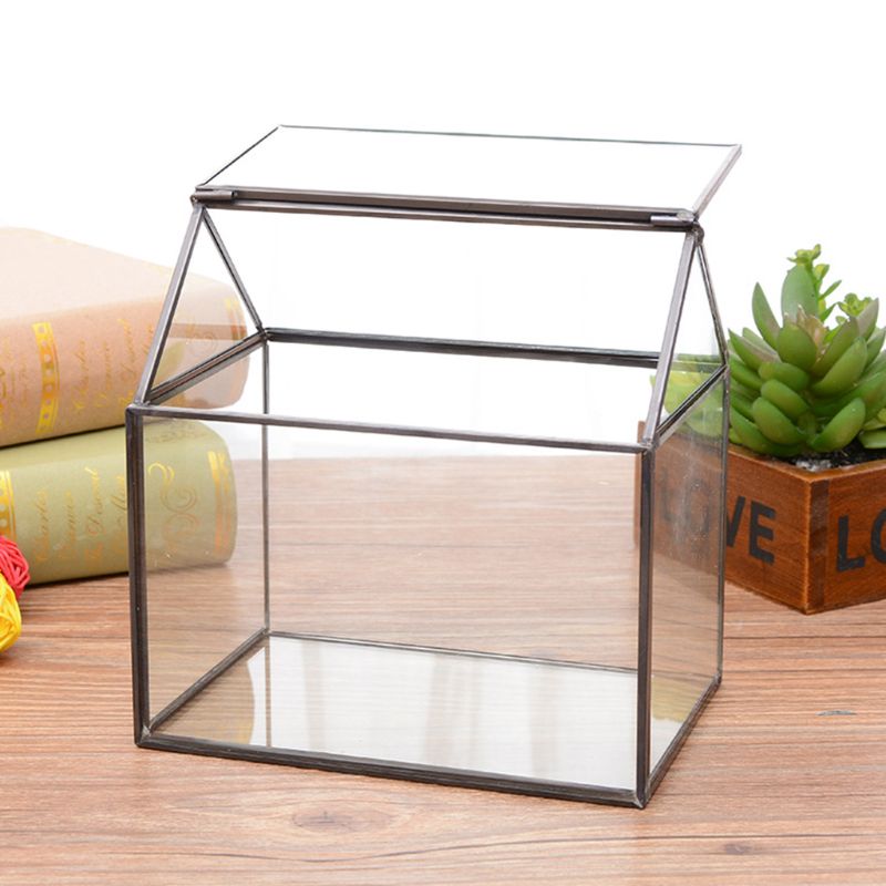 Geometric Glass Terrarium Box Handmade House Shape Close Glass Table Top DIY Display Planter Windowsill Flower Pot with Swing