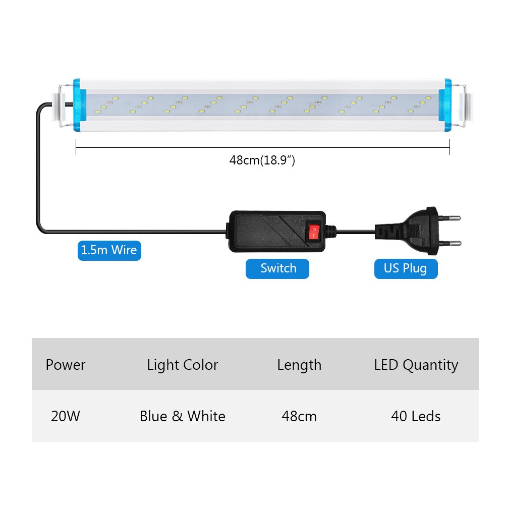Waterdichte Vis Armatuur Verstelbare Aquarium Licht Plant Lamp Ac 90-260V Decor Wit Blauw Verlichting Super Slanke Leds us/Eu Plug: EU plug-48cm