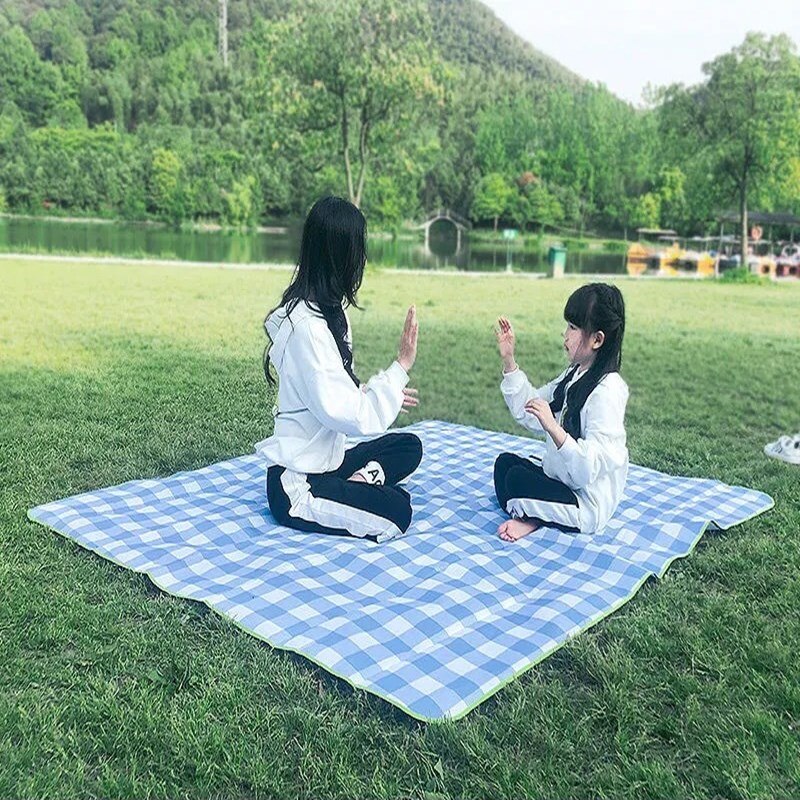 Multi-Size Camping Mat Outdoor Waterdichte Plaid Picknick Strand Deken Draagbare Opvouwbare Oxford Grond Mat Voor Multiplayer: Blue Grid / 150X100cm