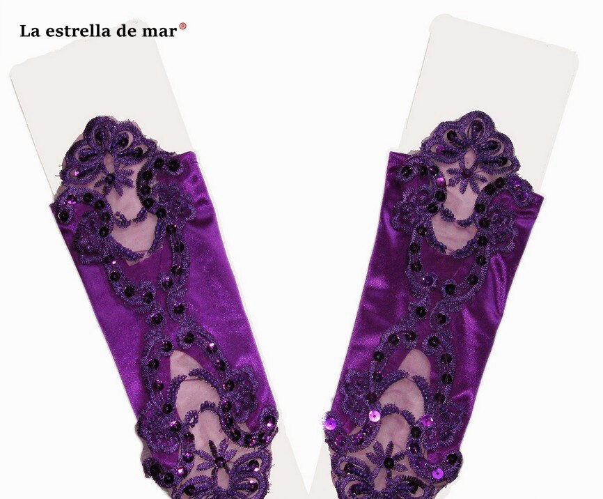 Gants de mariage pour mariée perle multicolore satin sans doigts mariée gants de mariage coude spot applique mariage perlé: VIOLET