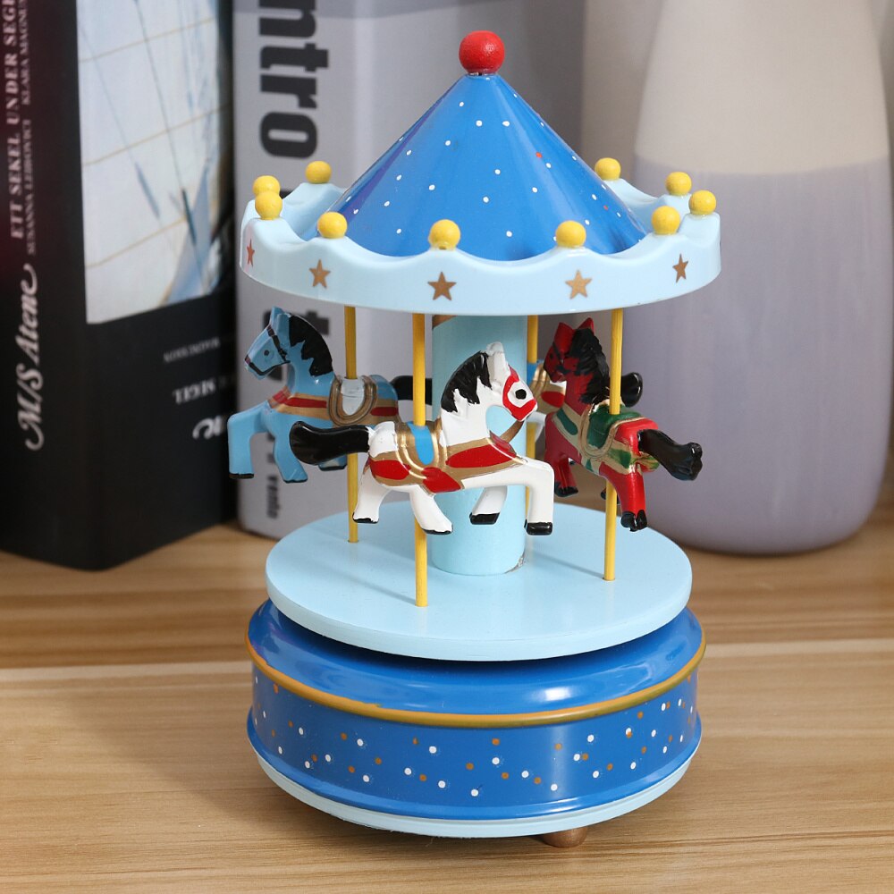 Wooden Carousel Music Box Decorative Desktop Musical Box Valentine's Day Birthday for Girls Friends (Red)