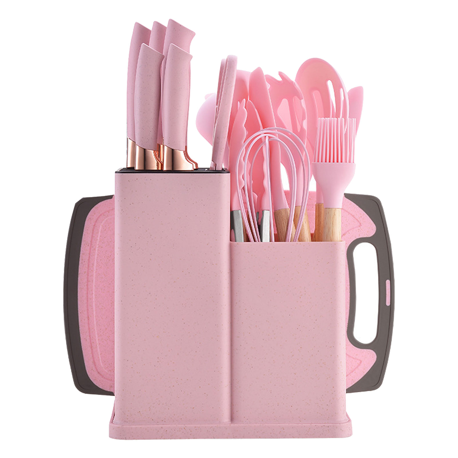 Silikon-Küchengeschirr-Set, 19-teilige Kochschaufel mit Holzgriff, antihaftbeschichtete Pfanne, multifunktionaler integrierter Messer-Aufbewahrungseimer: Rot