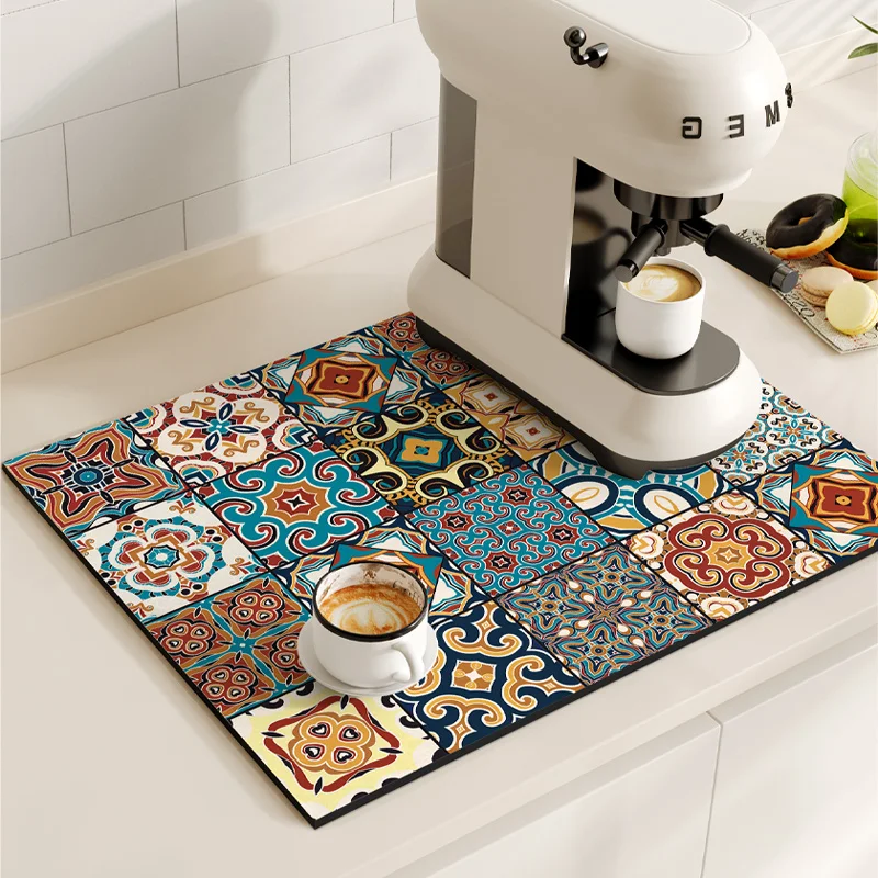 VIKAMA Kitchen Diatom Mud Mat Retro Coffee Machine Mat Waterproof Dish Drying Mats Quick Dry Drain Pad Draining Placemat: M / WHITE