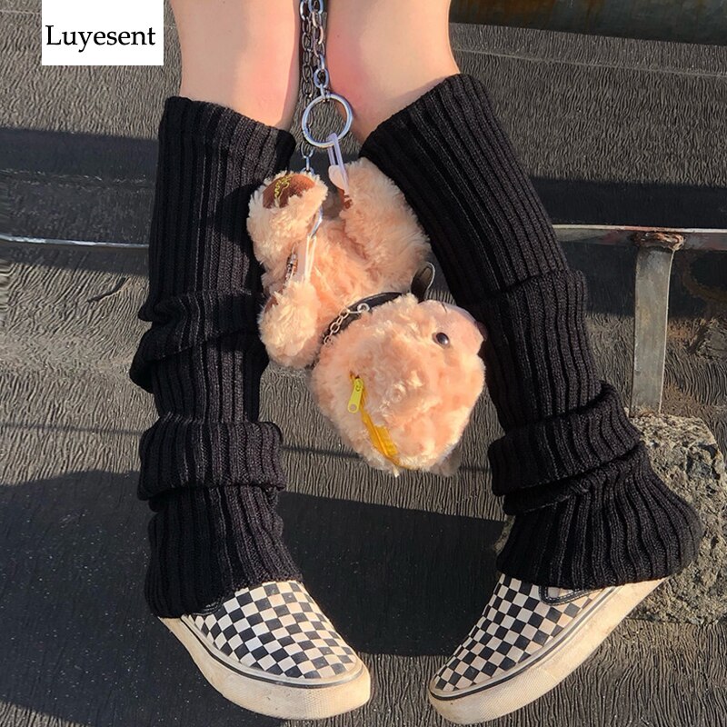 Punk Solid Black Cool Knit Long Socks Women Outdoor Knee High Elastic Leg Warmers Lady Warm Slim Gothic Hip-hop Rock Sock