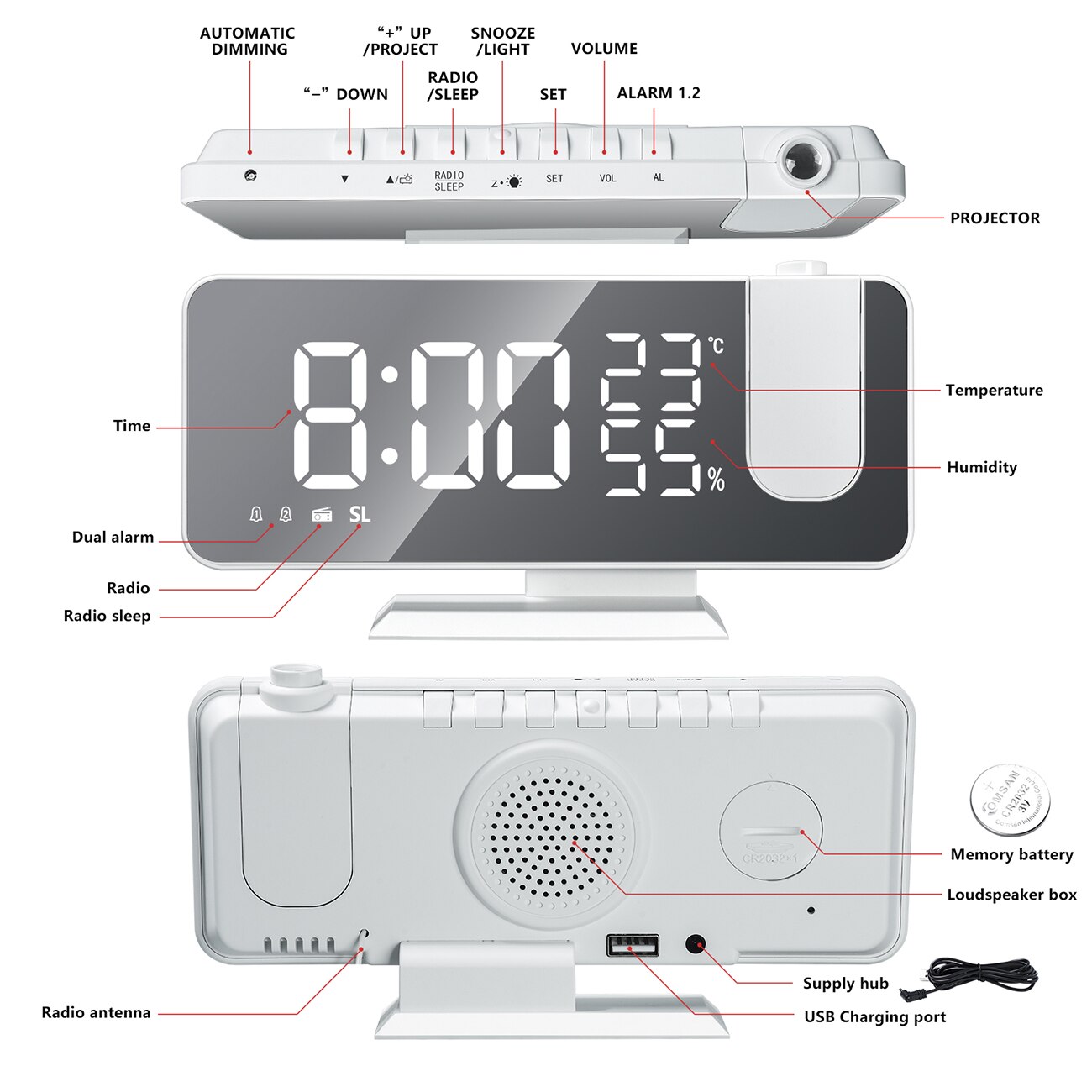 Led Digitale Wekker Horloge Tafel Elektronische Desktop Klokken Usb Wakker Fm Radio Tijd Projector Snooze Functie 2 Alarm