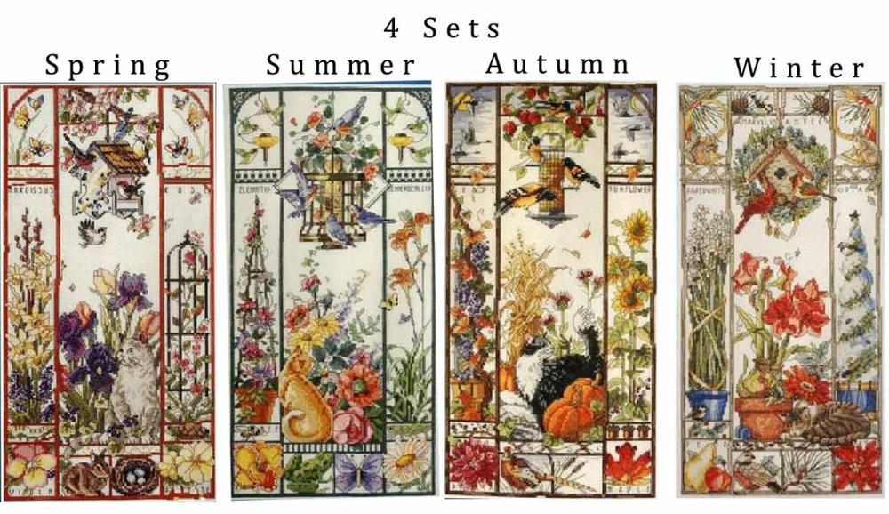 Gold Collection Lovely Counted Cross Stitch Kit Spring Summer Autumn Winter Cat Sampler Janlynn 023-0585 0580 0579, season cat: 4 seasons / 18CT unprint canvas