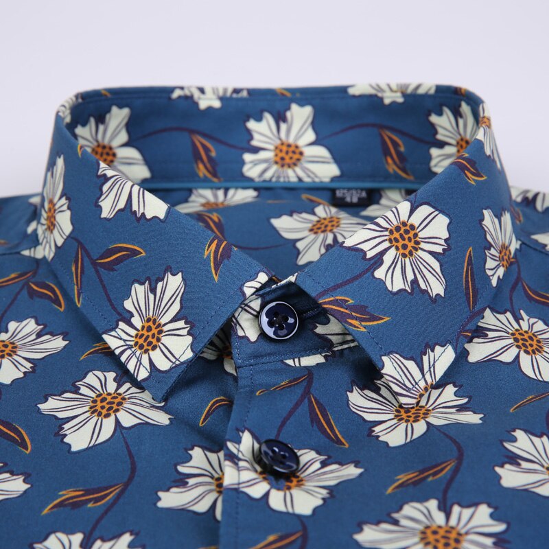 Men's Casual Beach Floral Print Hawaiian Shirts Pocket-less Long Sleeve Standard-fit Stylish Flowers Cotton Shirt