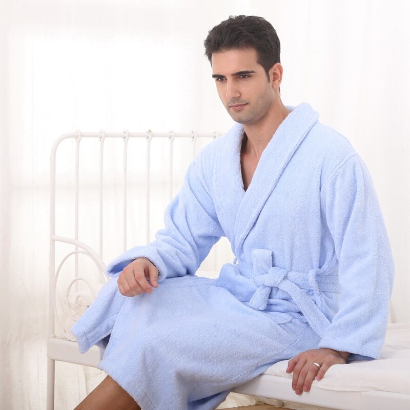 Albornoz de invierno de hombre, pijamas de algodón para parejas, bata para amantes, ropa de dormir, toalla de forro polar larga para casa, hotel, invierno, blanco, azul