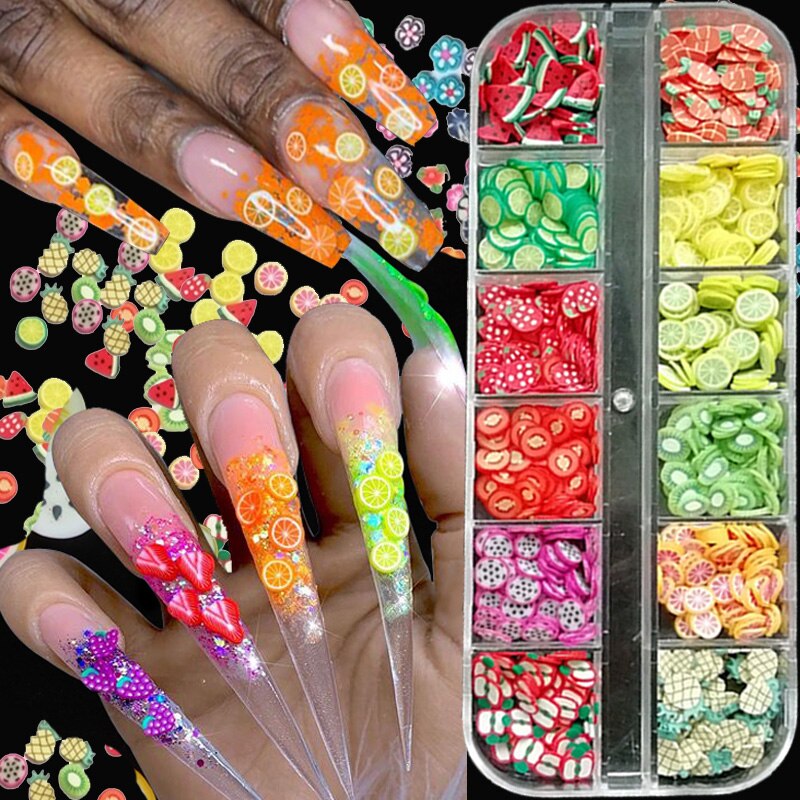3d nail art tilbehør blandede blomster frugt skåret ler diy negle dekoration neglesmykker 12 gitter/æske