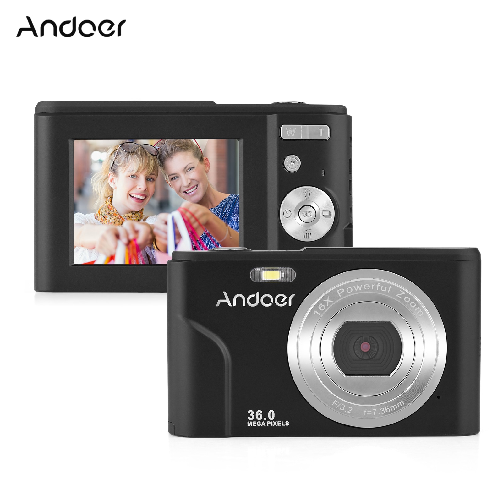 Andoer câmera digital 36mp 1080p 2.4 polegadas ips tela 16x zoom auto-temporizador 128gb memória prolongada detecção de rosto anti-agitação