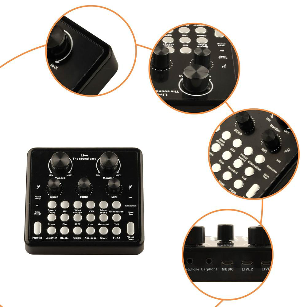 Tarjeta de sonido en vivo V8, carga USB con función de eco de música, se puede conectar al teléfono móvil, auriculares, micrófono, ordenador y tableta