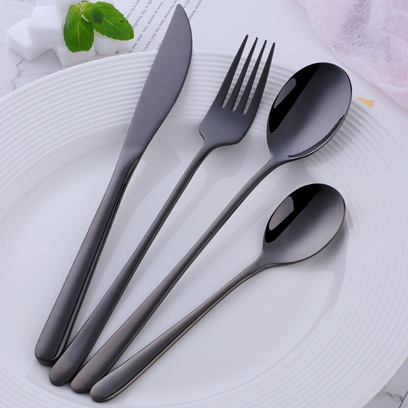 Juego de cubiertos dorados de acero inoxidable, juego de cena portátil, tenedor, cuchillos, cucharas, vajilla occidental, vajilla negra para en casa, 4 Uds.: Black