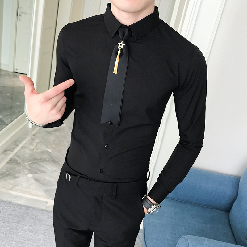 Merke herre skjorte høst slim fit all match dress skjorter menn casual langermet herrer ball skjorte smoking 3xl
