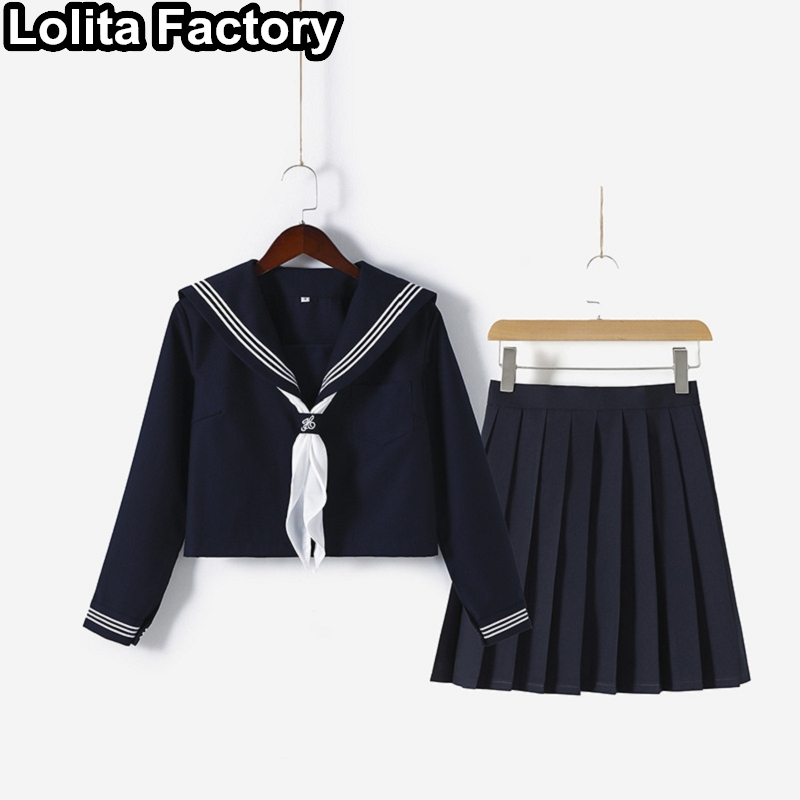 Japanese Women JK uniform Navy Blue Short/long Sleeve School Uniforms For Girls College Sailor Pleated Skirt JK Sets Uniform: style 2 / XL