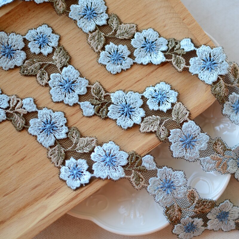 1Yard Blauw Beige Geborduurde Draad Bloem Kant Trim Diy Kledingstuk Accessoires Gehaakte Kant Lint 3Cm