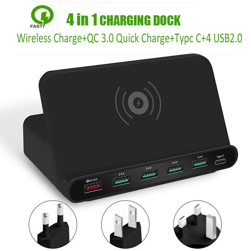 Multi-Port Usb Charger Draadloos Opladen Dock Type C QC3.0 Port Smart Snel Opladen Draagbare Reizen Snelle Charger Us Eu uk Plug