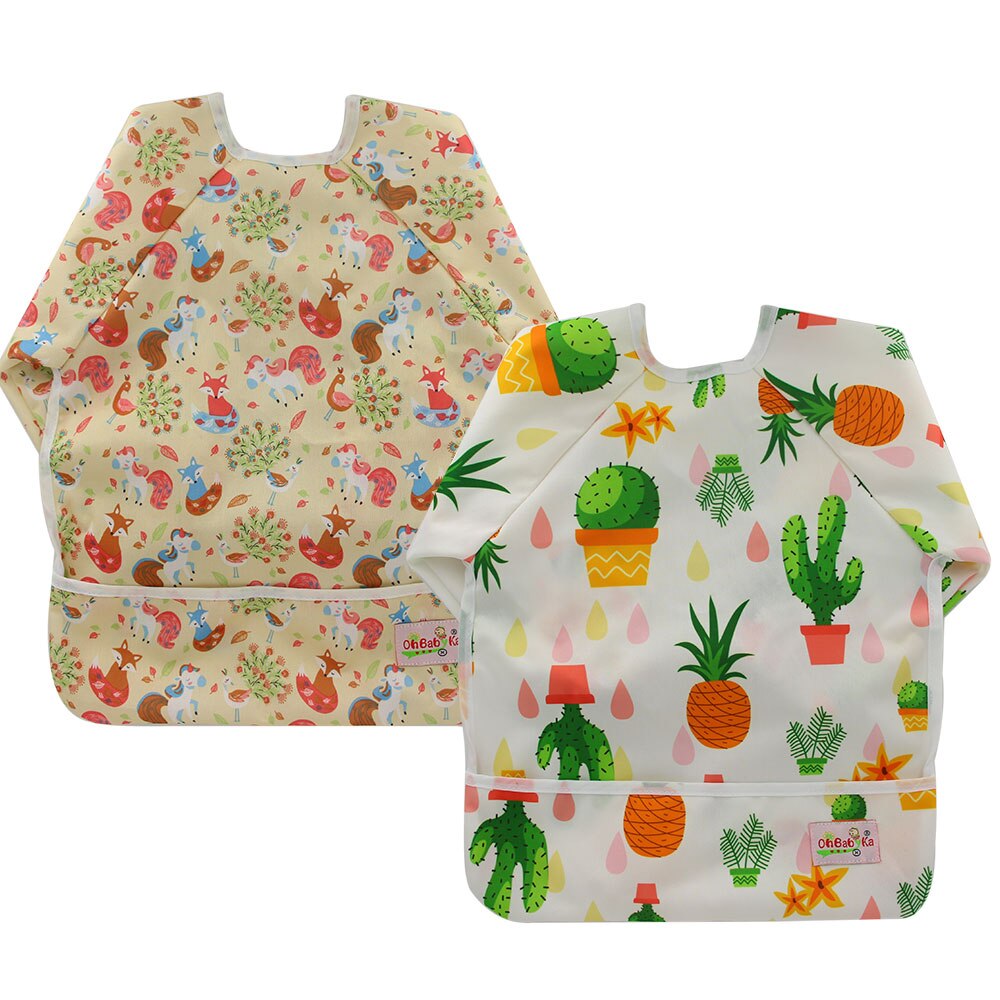 2-Pack Baby Slabbertjes met Mouwen - Waterdichte Voedselslabber met Zak - Dierenprint