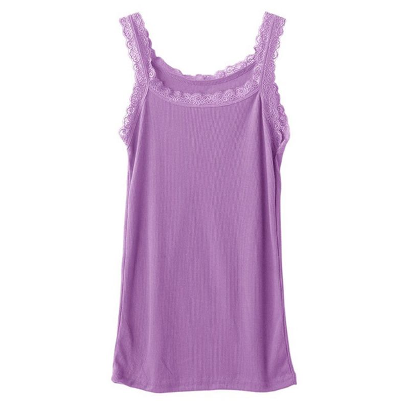 Vrouwen Zomer Mouwloze Tank Solid Candy Kleur Basic Hemdje Bloemen Kant Trim Geribbelde Gebreide Casual Ondergoed Slanke Vest: Light Purple