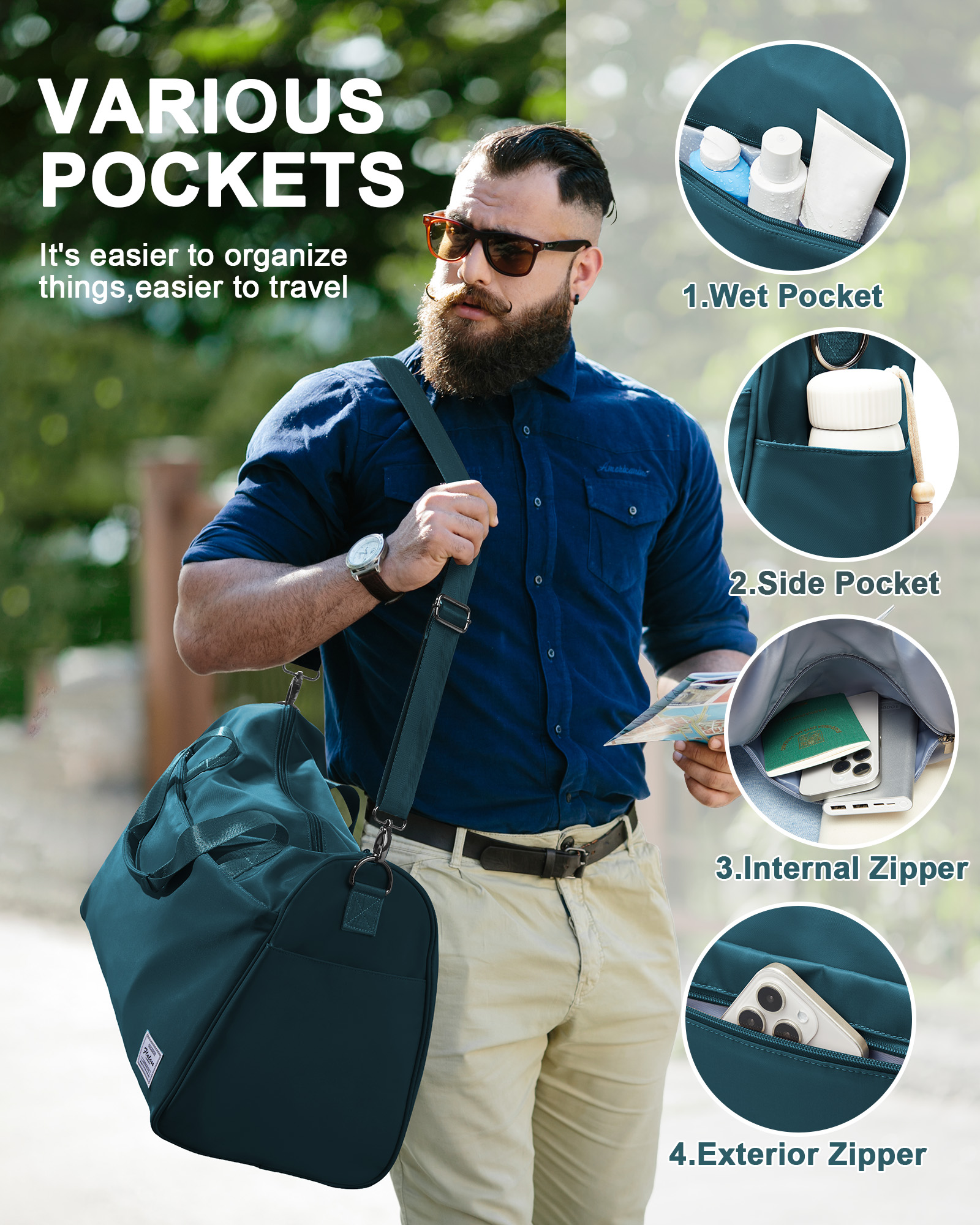 Bolsa de viaje para hombre, bolsa de equipaje con compartimento para zapatos, impermeable, para gimnasio, de noche, para avión