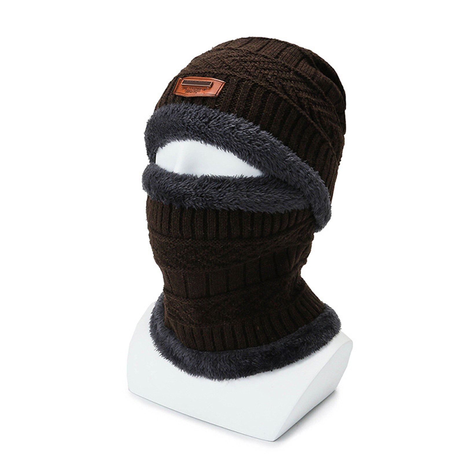 2 in 1 Winter Warm Knit Hat Scarf Set Ear Head Neck Cover Snow Ski Beanie Cap Unisex -OPK: Coffee