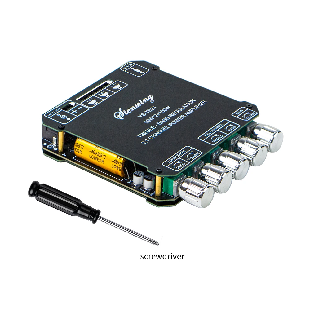 BT5.0 2.1CH Digital Amplifier Board 100W*2+100W Subwoofer Stereo Amp Treble Bass Control AUX 12/24V DIY Home Speaker Module: Gold