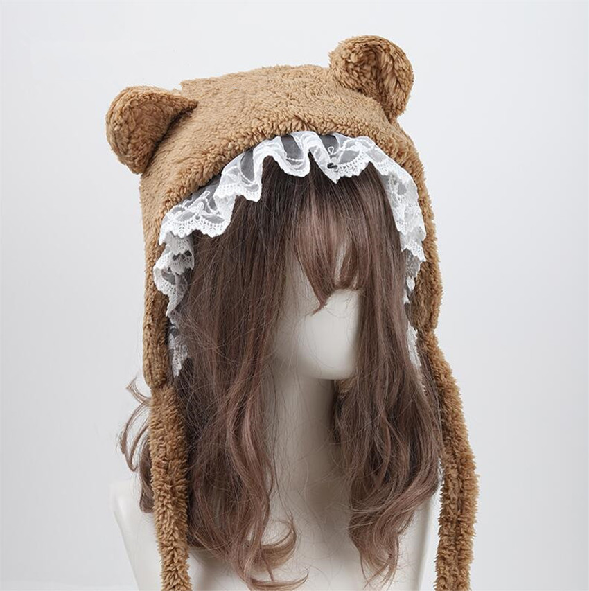 Warm Lace Trim Lolita Bear Ear Plush Warm Hat Women Thicken Bowknot Earmuffs Winter Bandage Cap D991