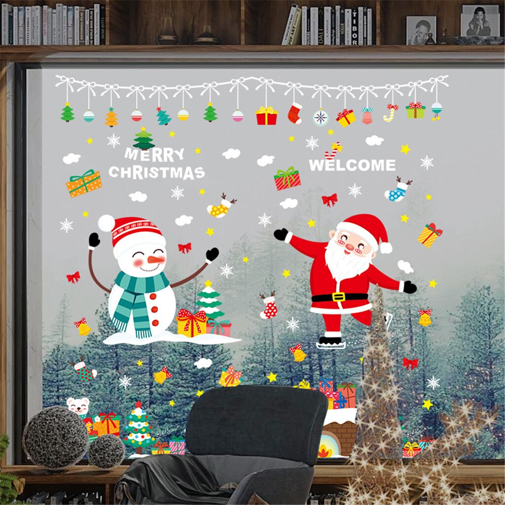 Multi Diverse Christmas Wall Stickers Cute Restaurant Mall Decoration Snow Glass shop Window Removable winter Decor