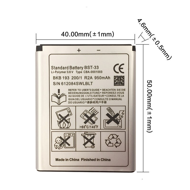 Batería de repuesto BST-33 BST 33 para Sony Ericsson K800 I SATIO U1 W880I K810I W100I T700 T715 950mAh