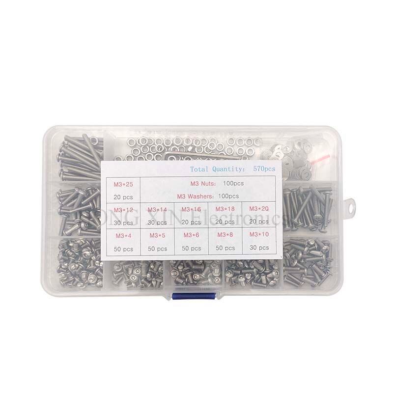 570pcs/Set M3 Hex Button Socket Head Cap Screw Nut Hexagon Metric Thread Machine Bolt Assortment Kit Set 304 Stainless Steel