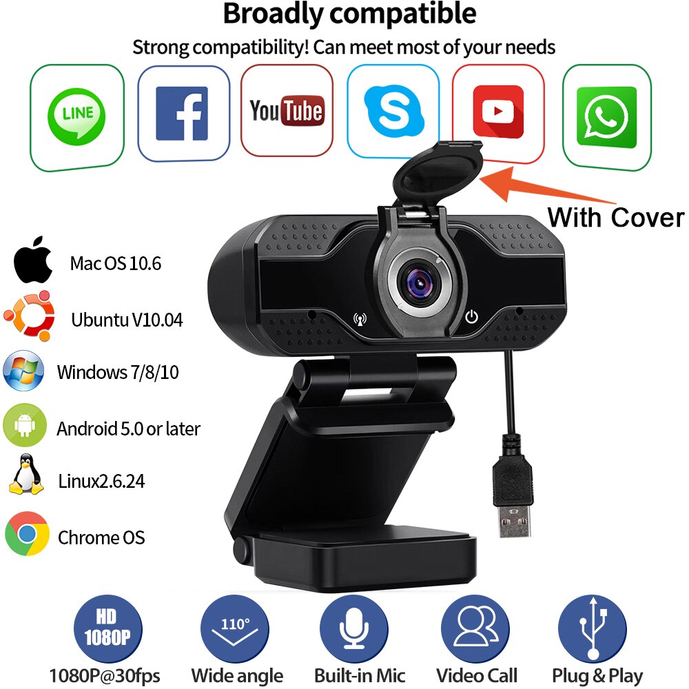 X55 USB 2.0 Webcam 1080P HD Digital Computer Camera with Microphone Plug and Play Conference Live Video Recording Camera: Black with Cover