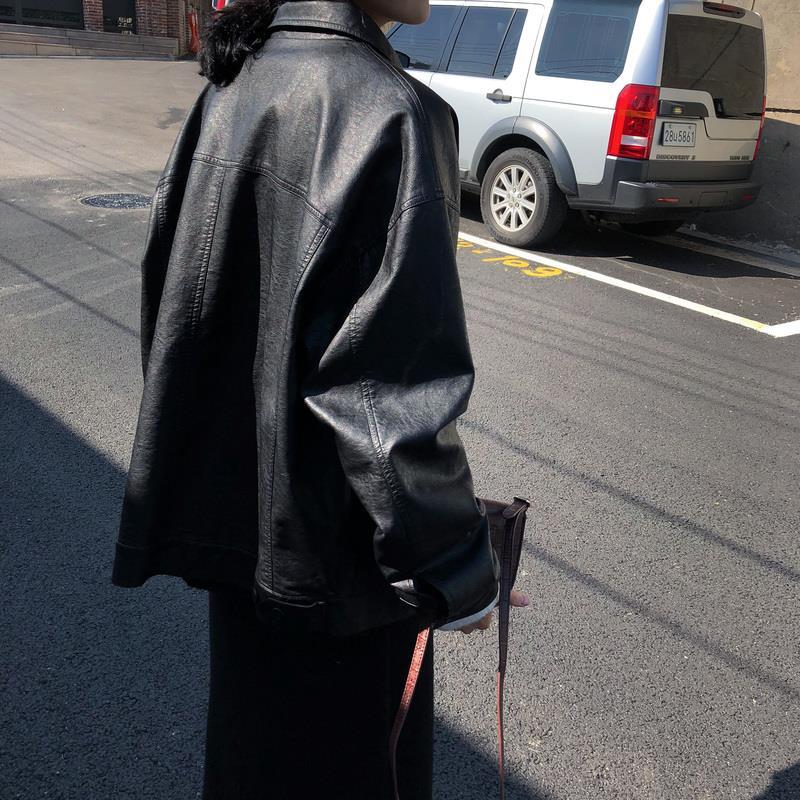 Veste en cuir noir pour femme, style coréen, mince, ample, pour moto, printemps