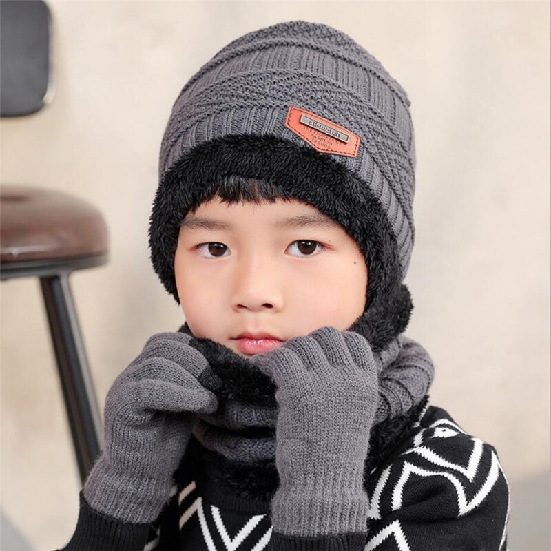 Kinderen winter gebreide muts en sjaal handschoenen set jongen meisjes warme pluche muts 3- delige sets kind outdoor skimuts sjaals effen