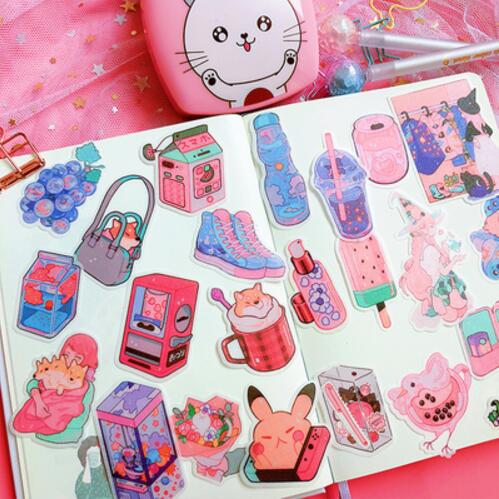 Pink cartoon girl snack cold drink Sticker DIY Scrapbooking Craft Diary Ablum Phone Computer Seal Stickers Decorative: 80PCS