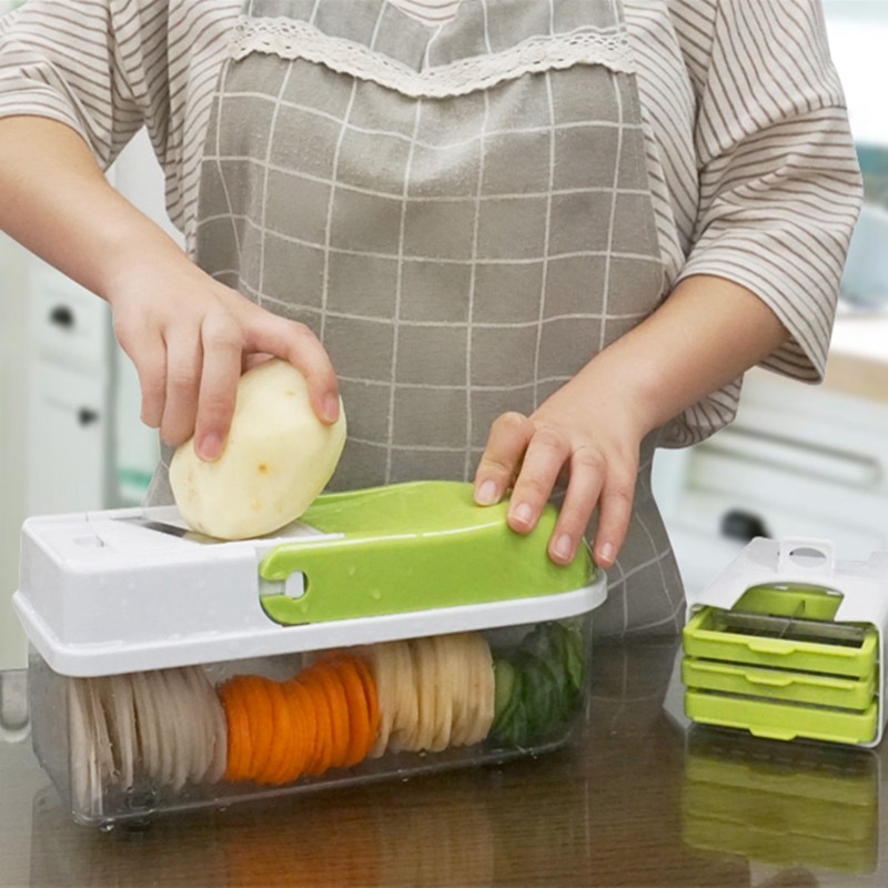Handleiding Roestvrij Staal Slicer Groente Keuken Tool Multifunctionele Vervangbare Slice Groente Groente Cutter Groen + Wit P