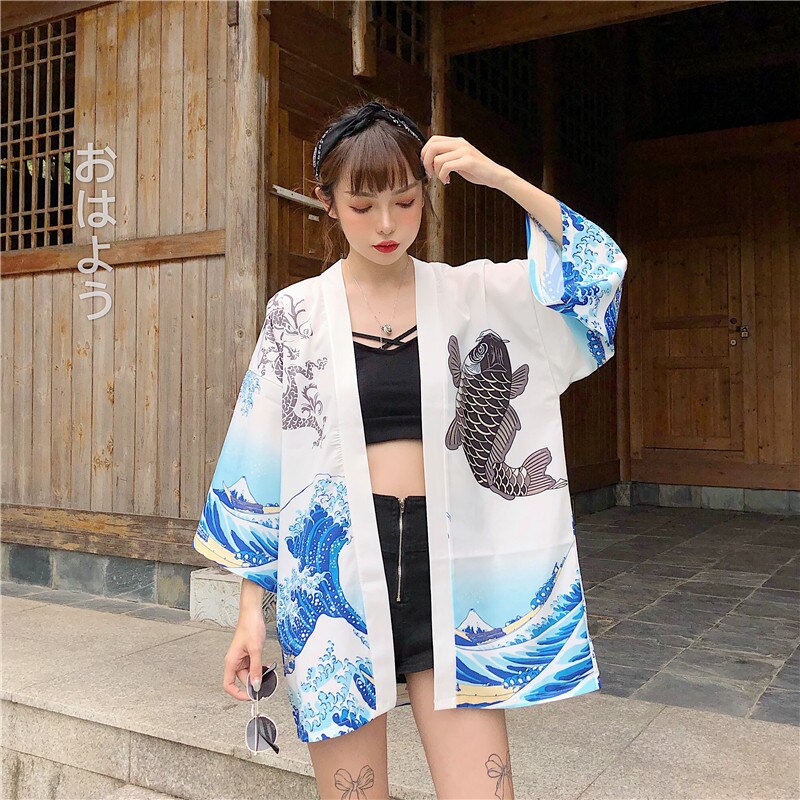 La grande vague de Kanagawa femme japonais traditionnel Orient ethnique Cardigan Kimono manteau unisexe mince lâche Ukiyo-e tenues