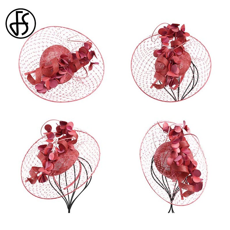 FS Womens Fascinators Red Derby Hat Flower For Lady Sinamay Church Hats Big Brim Fedoras Black Wedding Party Dress Hat
