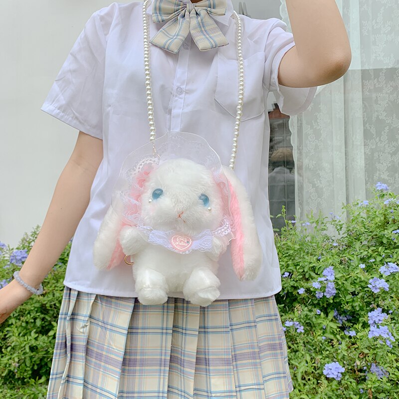 Bolso de conejo japonés Lolita para chica joven, bandolera suave con cadena de perlas, billetera