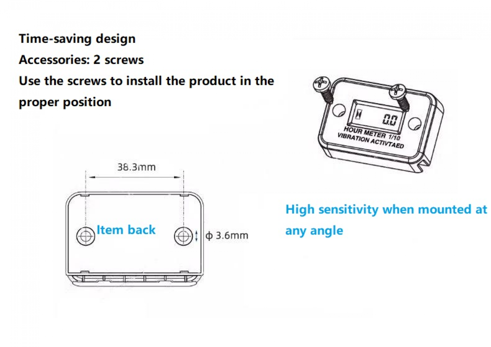 Digital Wireless Vibration Activated Hour Meter Counter for Gas Generator Lawn Mower Motor ATV Waterproof LCD Display Meter