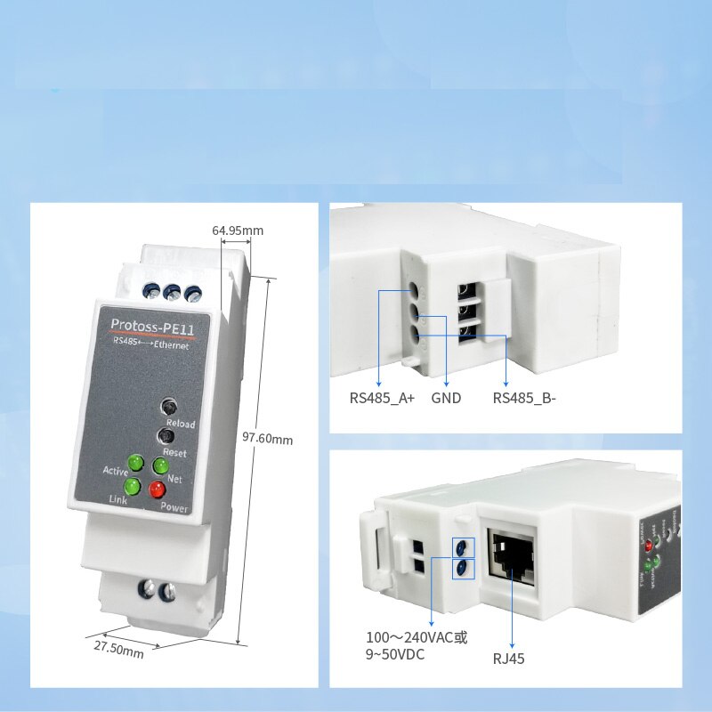 Din-Rail Seriële Poort RS485 Naar Ethernet Converter Server Protoss-PE11 AC110V ~ 220V Of Dc Ondersteuning Modbus Tcp om Rtu