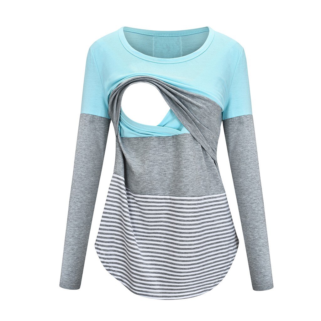 Women Breastfeeding Clothes Maternity Long Sleeve Striped Nursing Tops Female Casual Plus Size For Nursing Mothers Clothes: Sky Blue / XXL