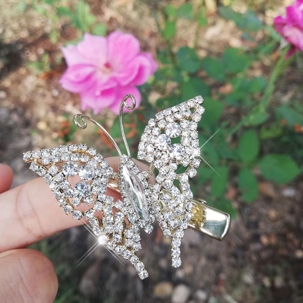 Brilhante Cheio de Cristal Cor Prata Borboleta Grampos de Cabelo para Meninas Crianças Barrette Grampos de cabelo Da Noiva Acessórios Do Cabelo Do Casamento Jóias